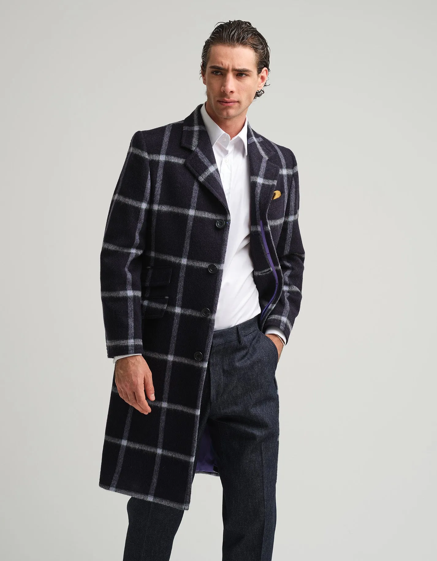 Navy Check Covert Coat