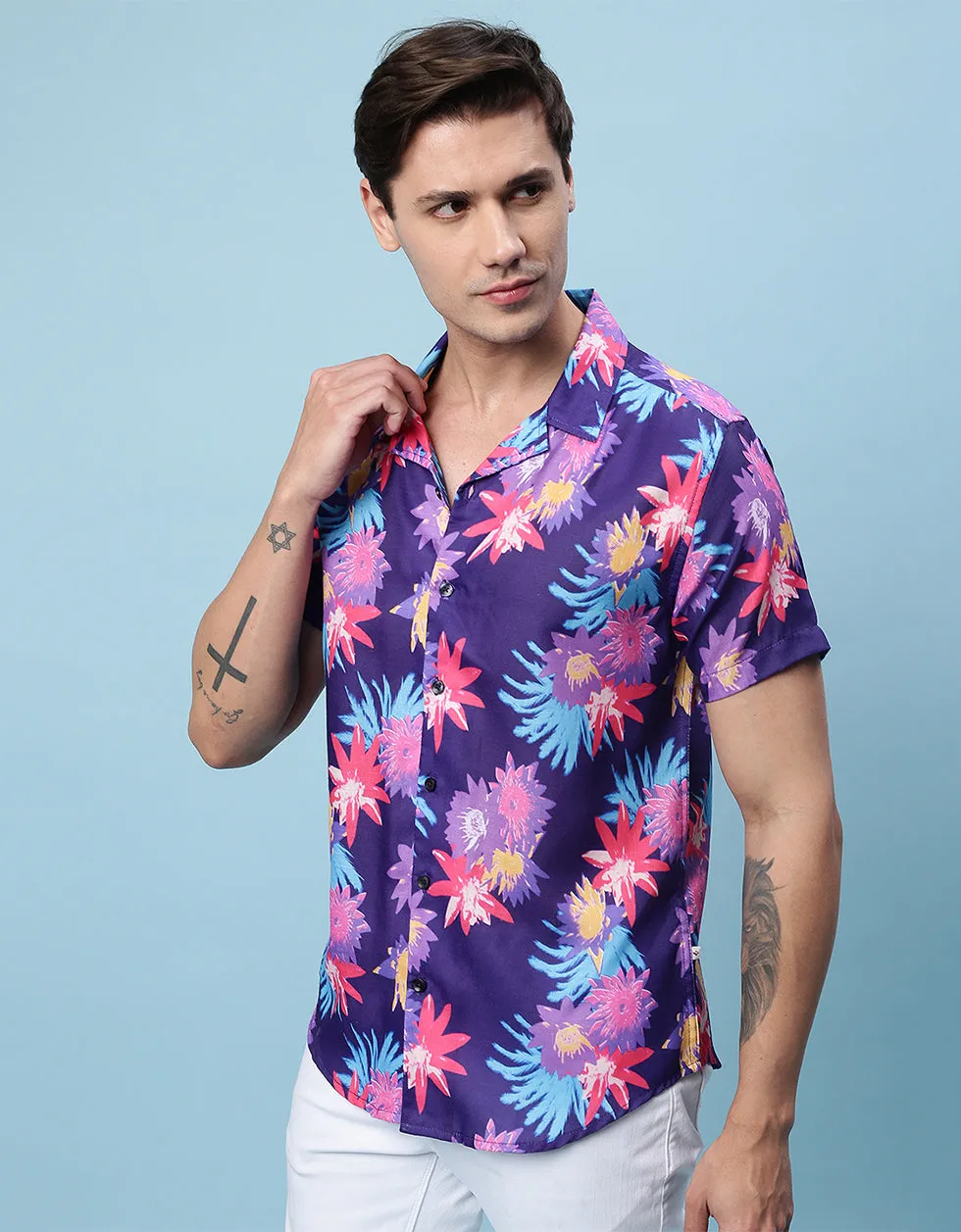 Navy Floral Printed Casual Shirt