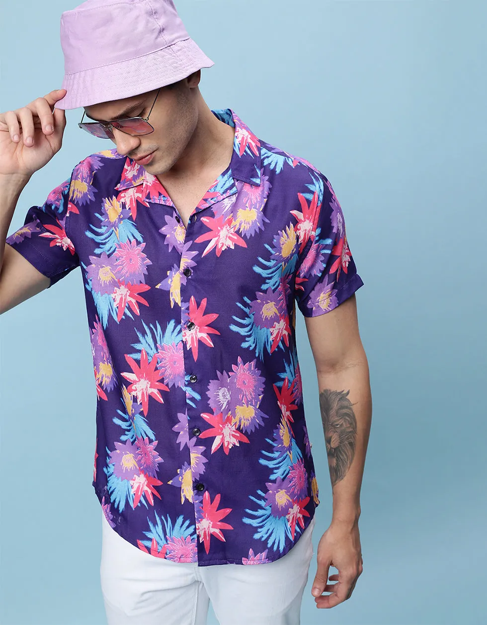 Navy Floral Printed Casual Shirt