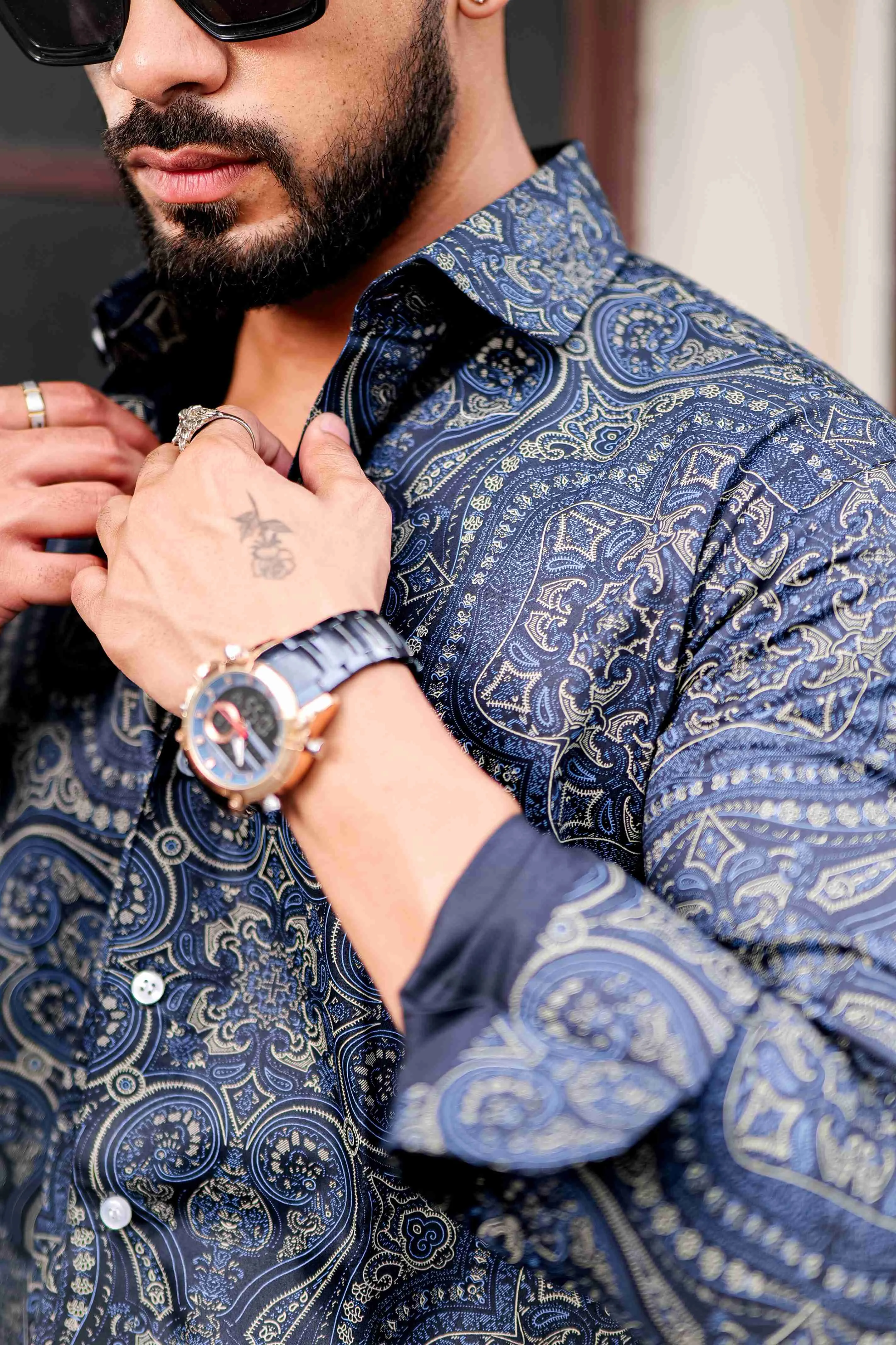 Navy Satin Print Premium Shirt