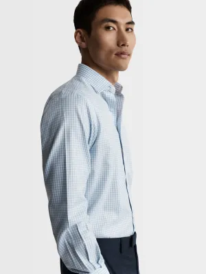 Non-Iron Light Blue Gingham Twill Fitted Single Cuff Classic Collar Shirt