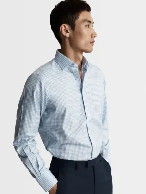 Non-Iron Light Blue Gingham Twill Slim Fit Single Cuff Semi Cutaway Collar Shirt