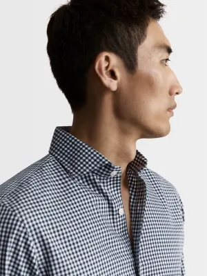 Non-Iron Navy Blue Gingham Twill Fitted Single Cuff Classic Collar Shirt