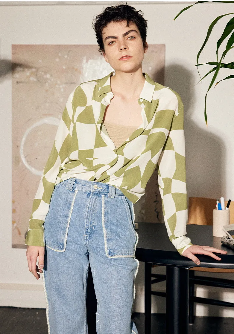 Nonothing |Luxurious real silk shirt in green print