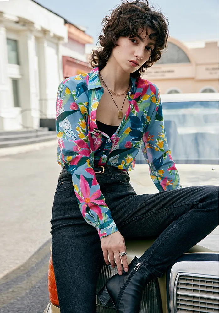 Nonothing|Women's silk & cotton blend long sleeves shirt in floral print