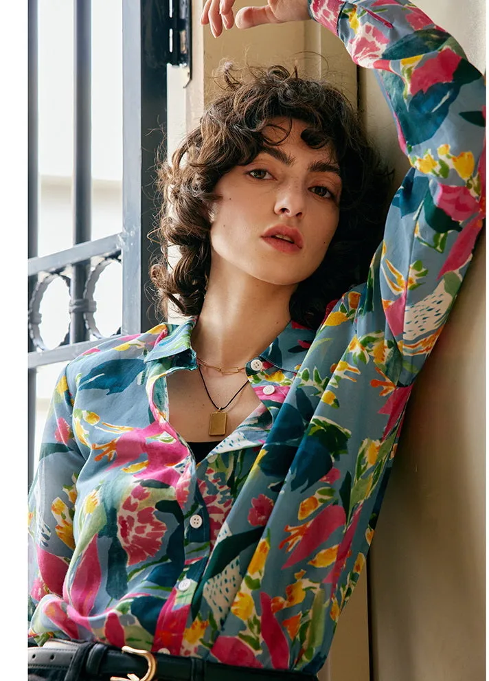 Nonothing|Women's silk & cotton blend long sleeves shirt in floral print