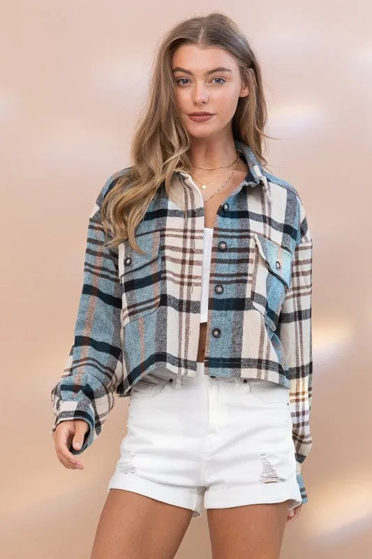 *Outlet* Missy Plaid Shacket (Teal)