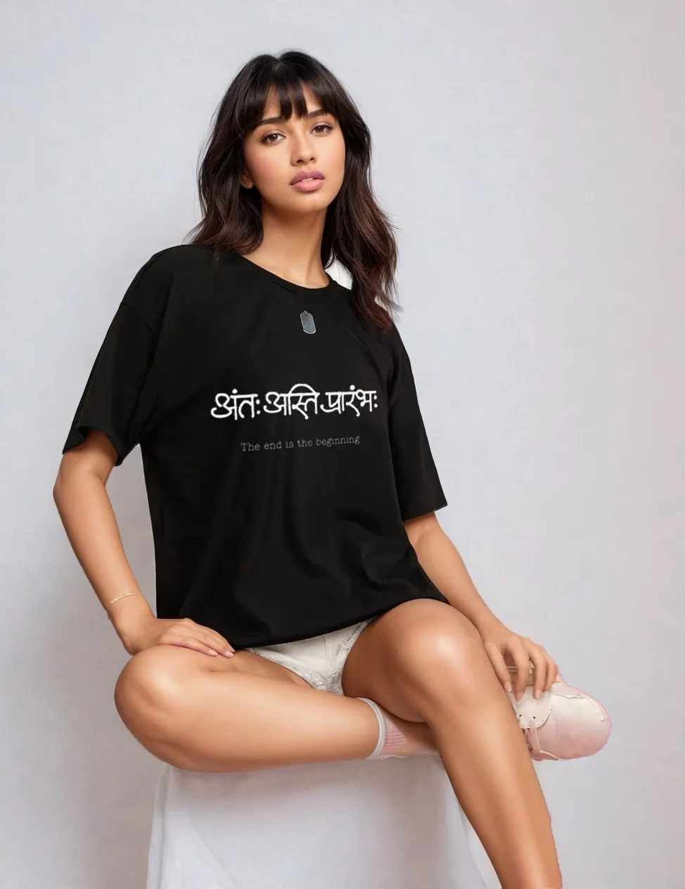 Oversized Black Women Cotton Tshirt - End is new beginning