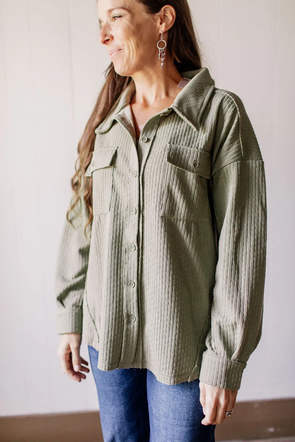 Oversized Casual Textured Knit Cozy Sage Shacket