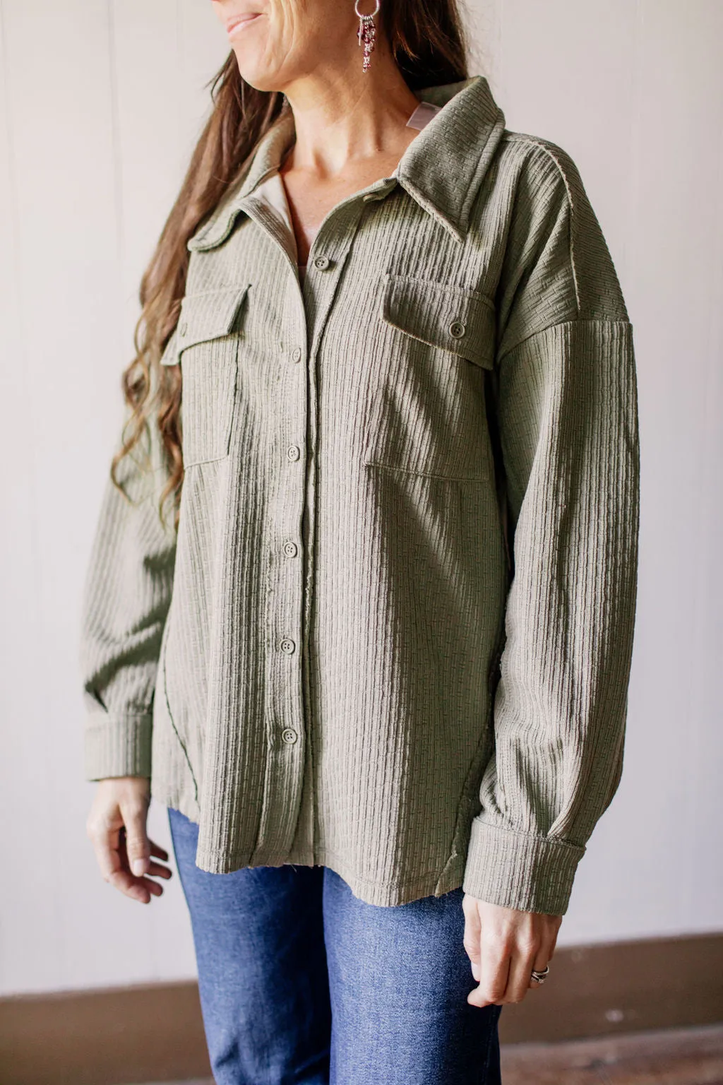 Oversized Casual Textured Knit Cozy Sage Shacket