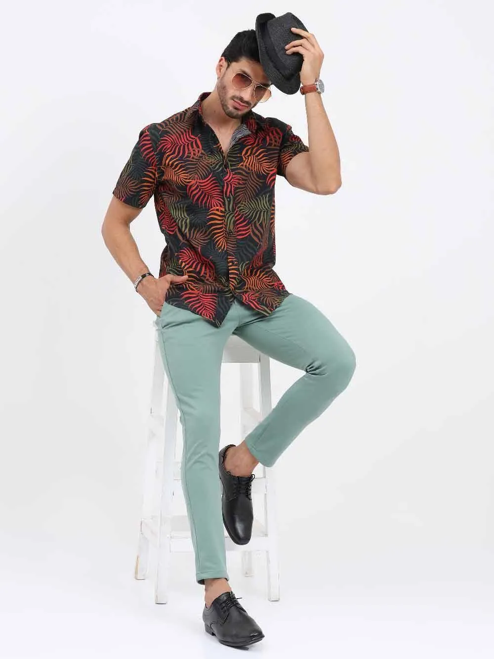 Palm Leaves Printed Cotton Half Sleeve Shirt