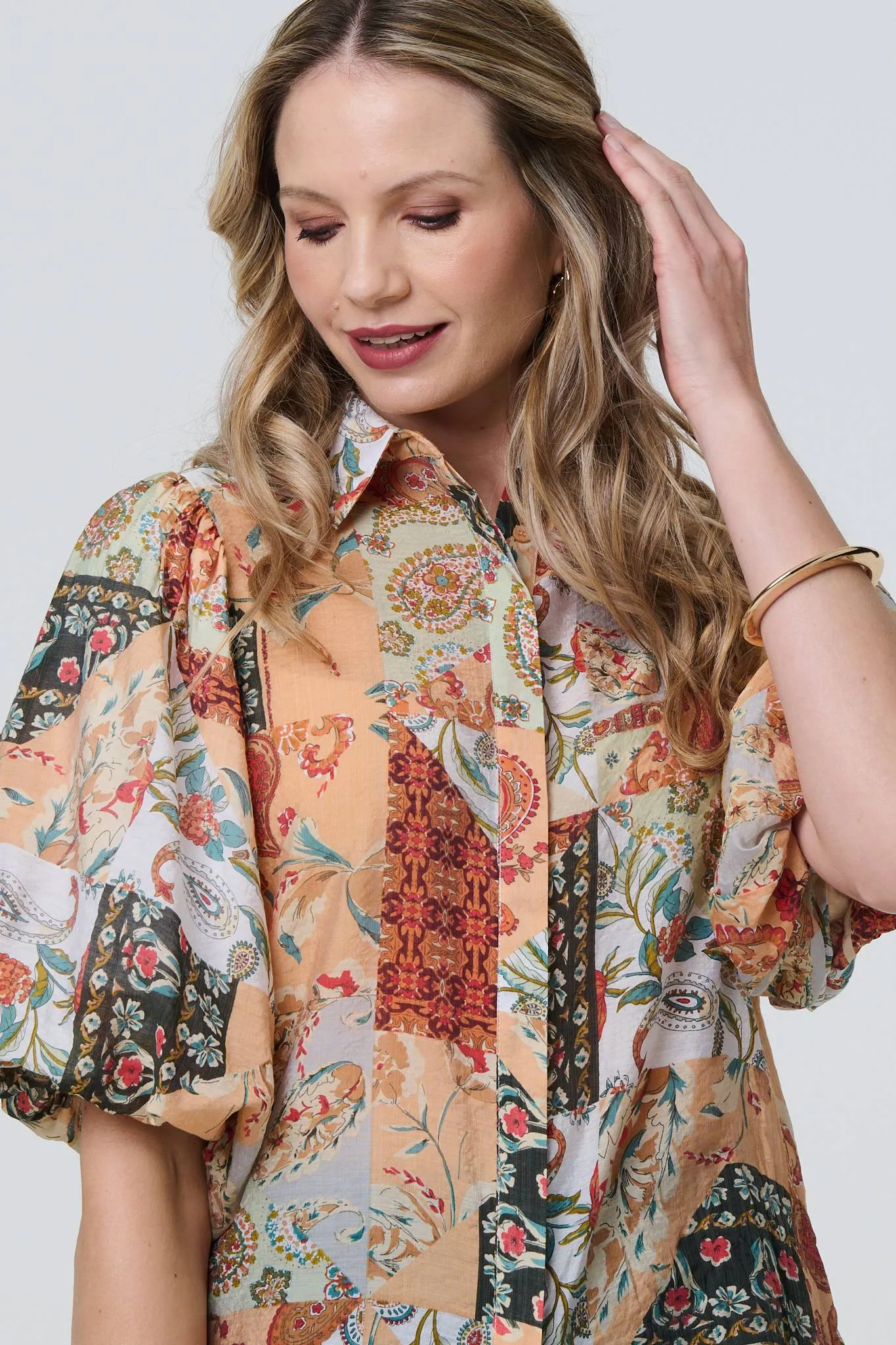 Patchwork Print 1/2 Puff Sleeve Shirt