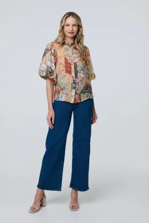 Patchwork Print 1/2 Puff Sleeve Shirt