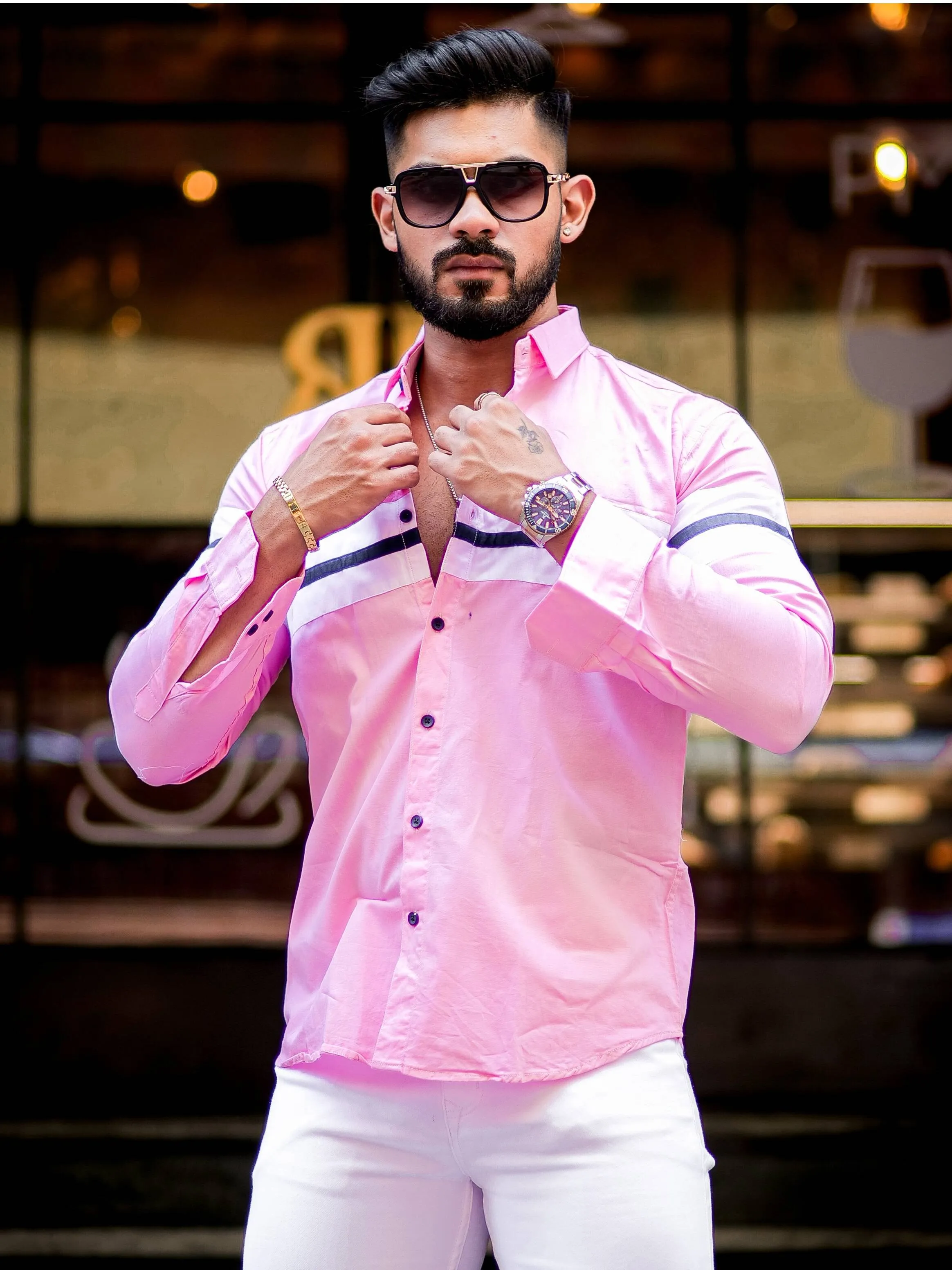 Pink Cotton Cut n Sew Cotton Designer Shirt For Men's