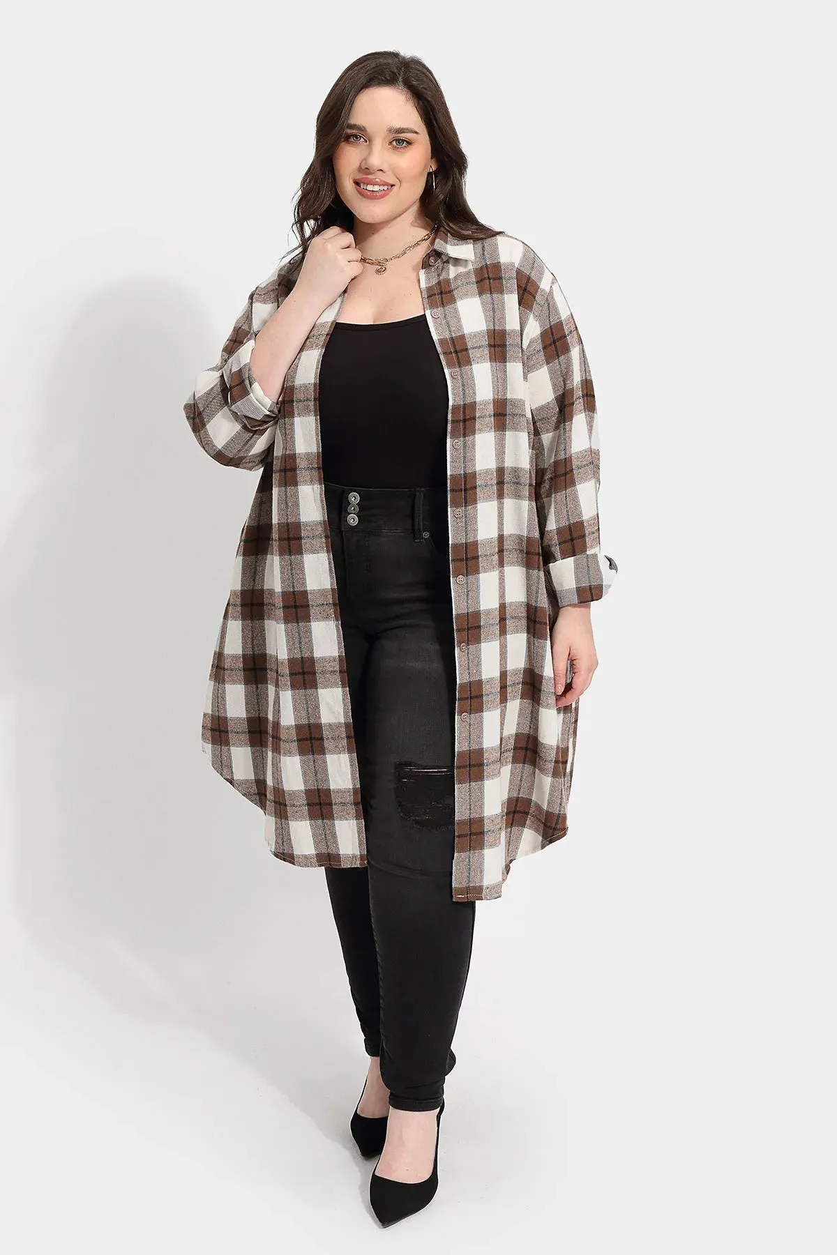 Plaid Button Down Pockets Long Coat