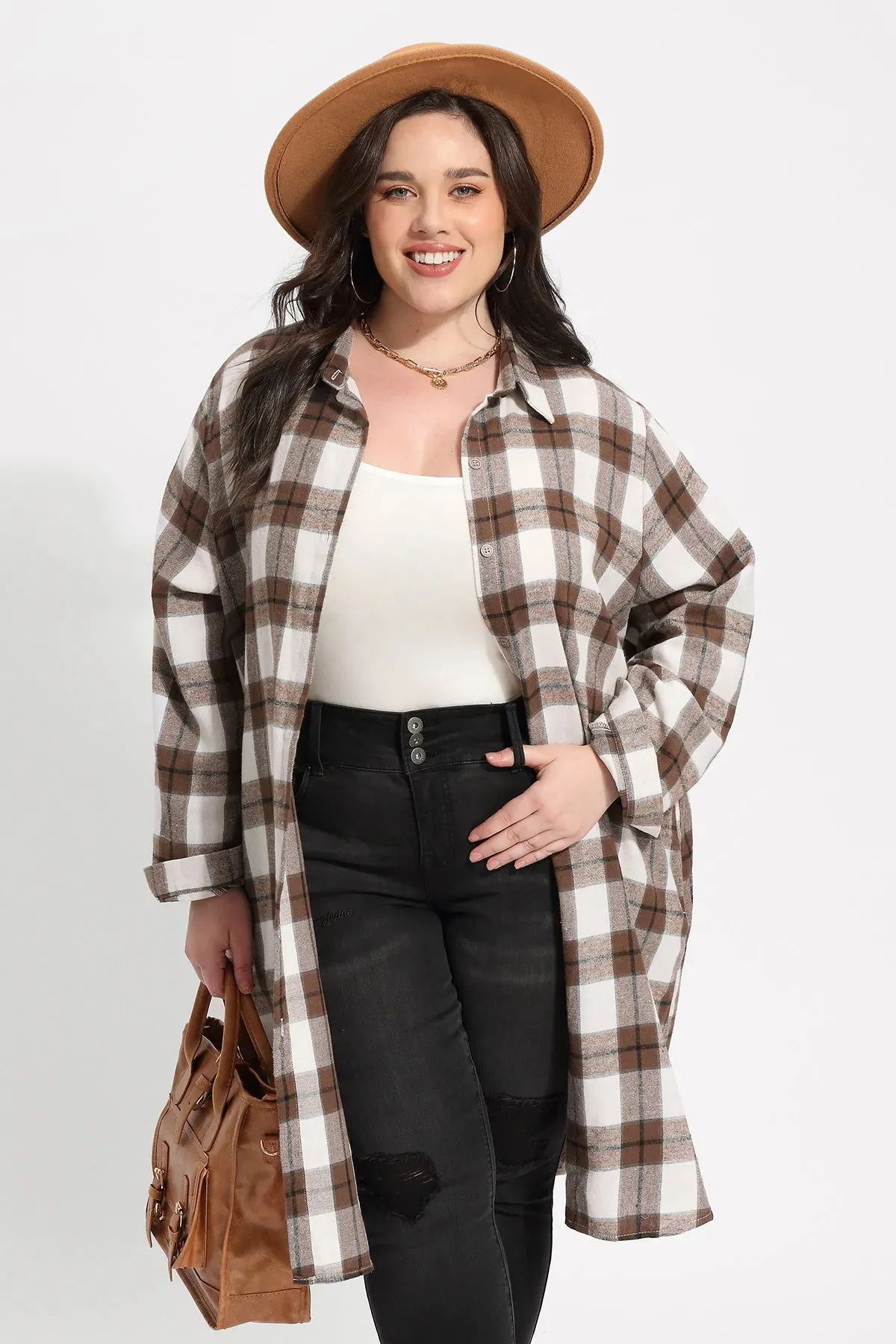 Plaid Button Down Pockets Long Coat