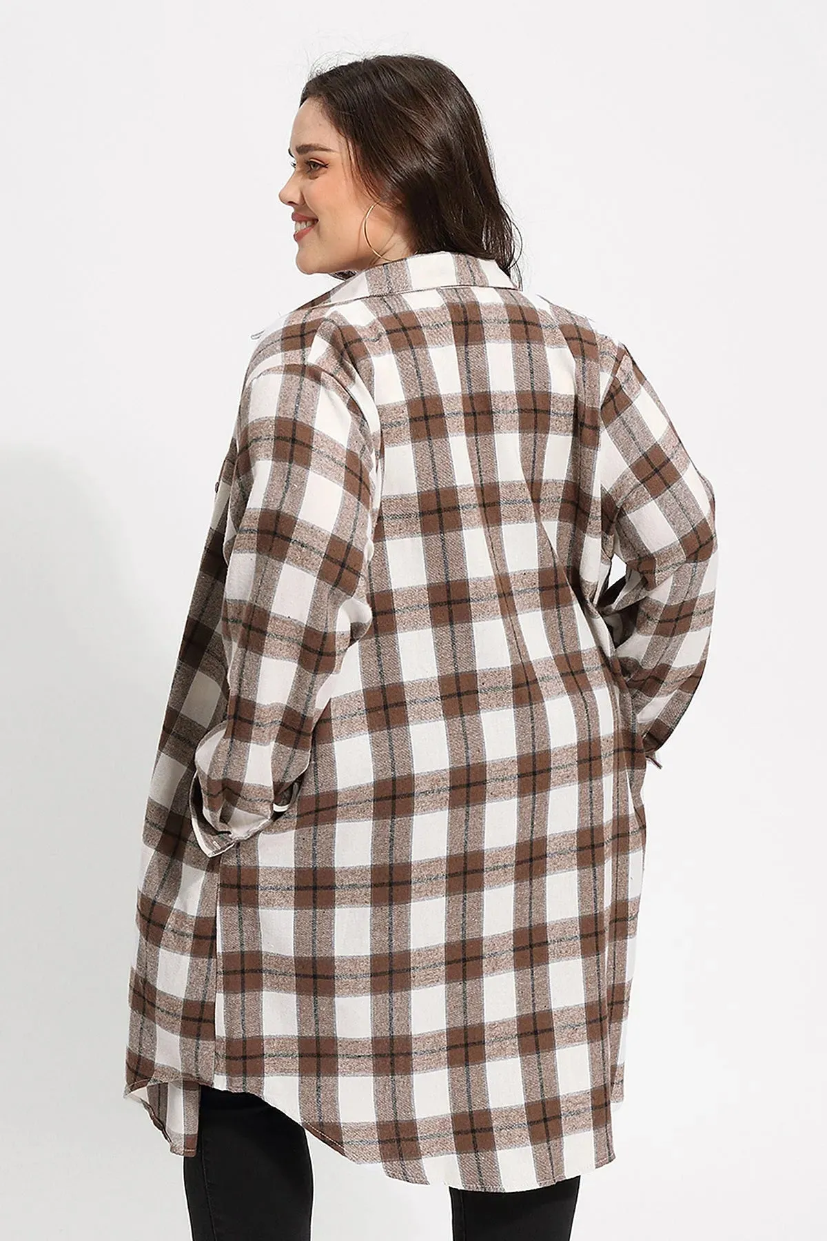 Plaid Button Down Pockets Long Coat