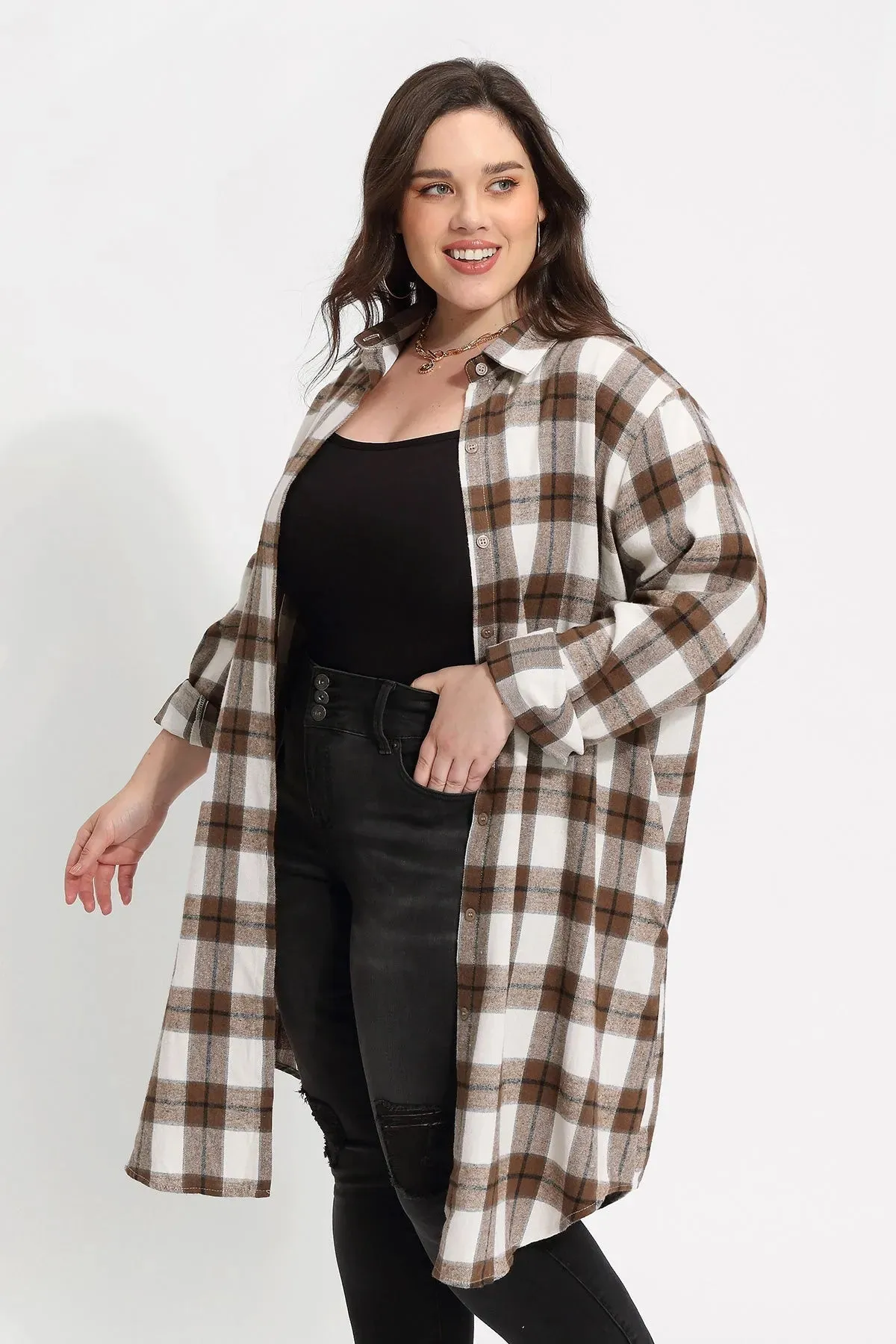 Plaid Button Down Pockets Long Coat