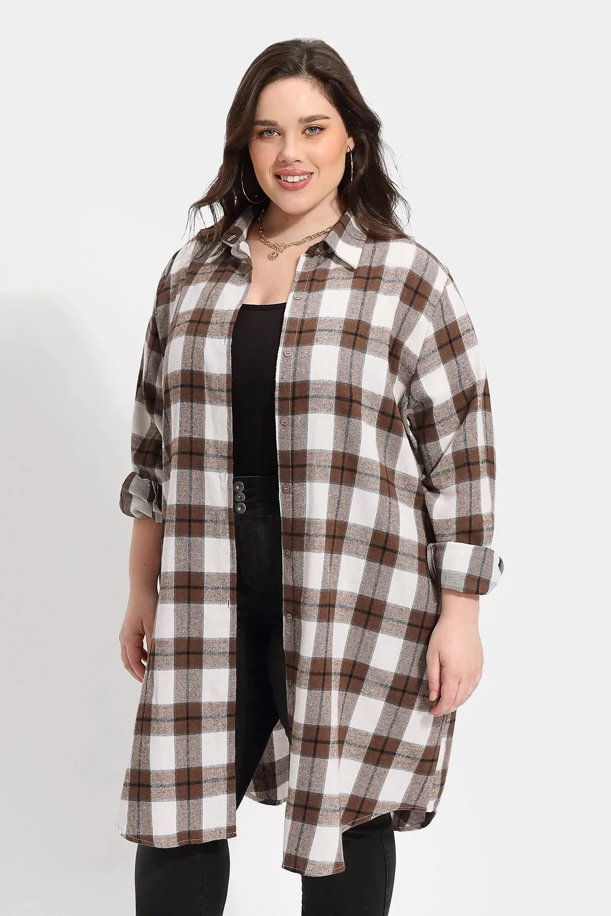 Plaid Button Down Pockets Long Coat