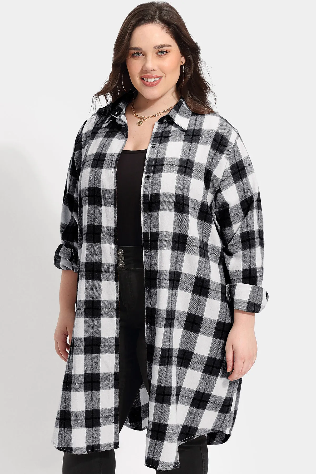 Plaid Button Down Pockets Long Coat