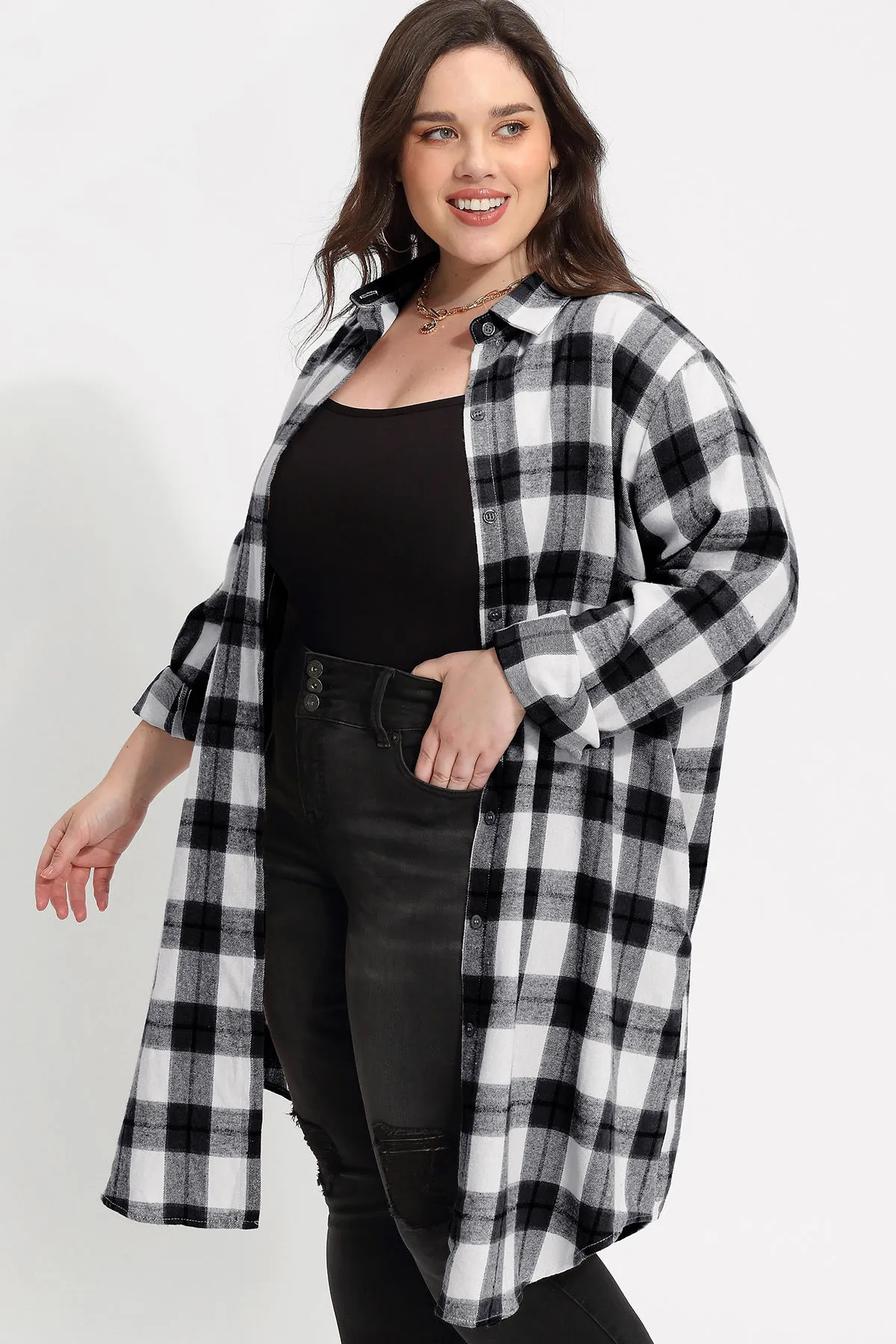 Plaid Button Down Pockets Long Coat