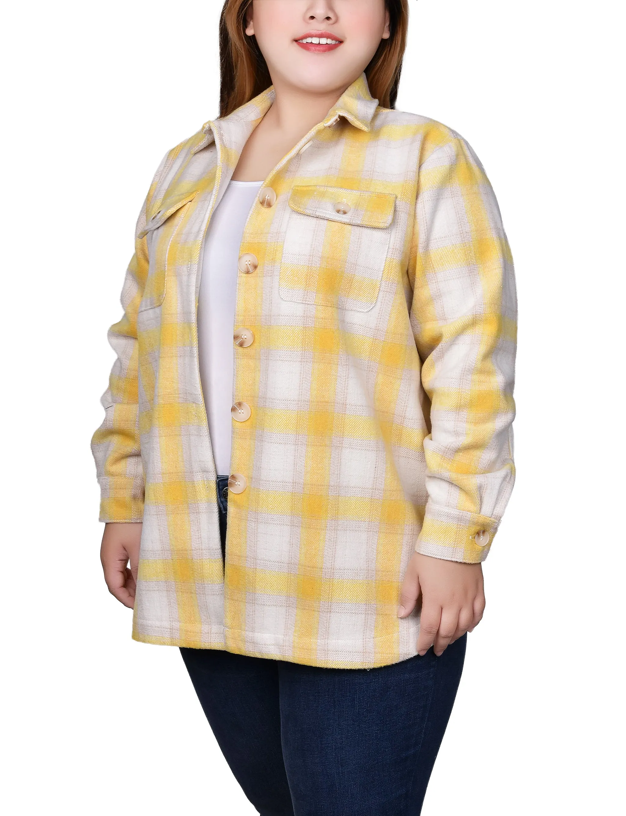 Plus Size Long Sleeve Calf-Length Twill Shirtjacket