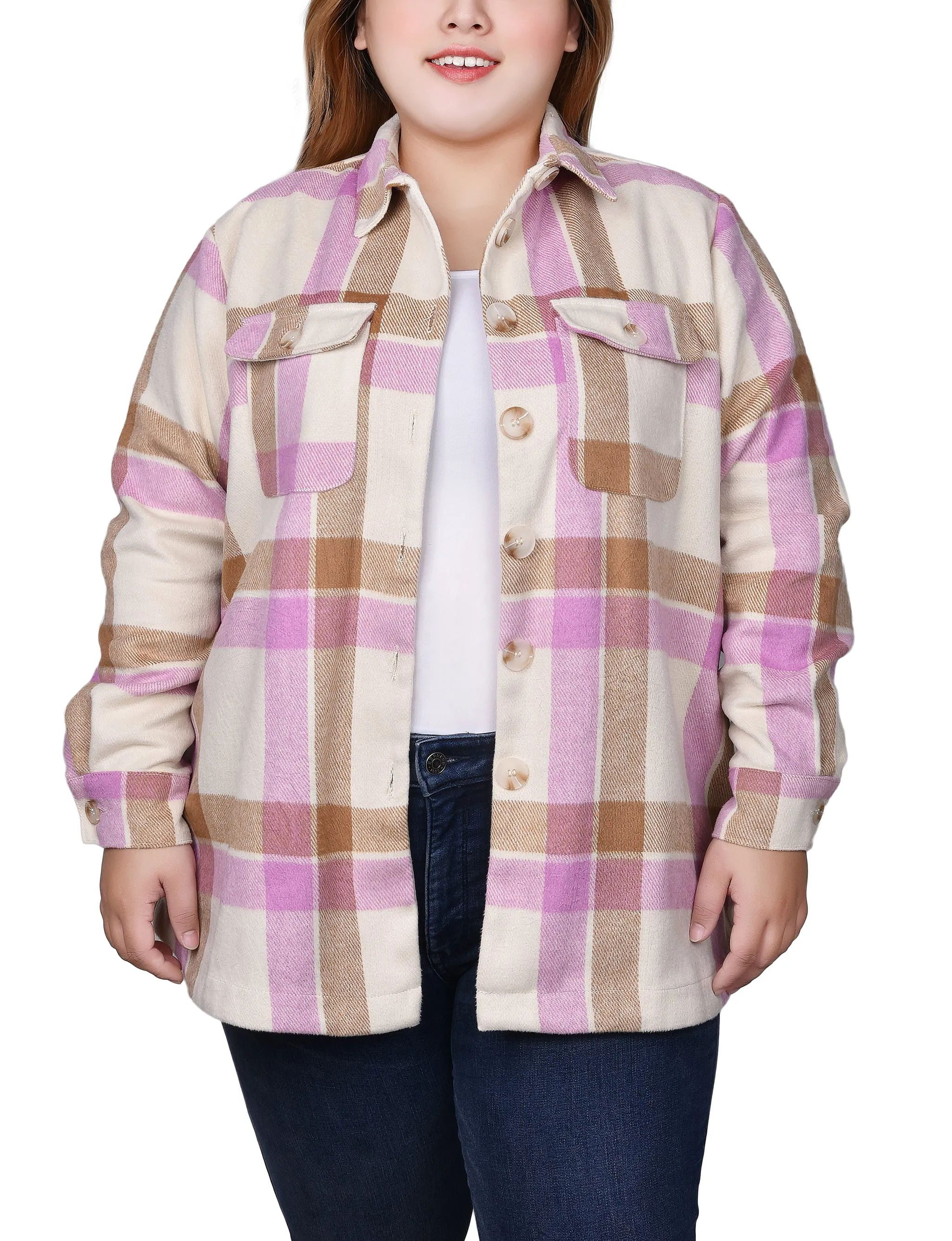 Plus Size Long Sleeve Calf-Length Twill Shirtjacket