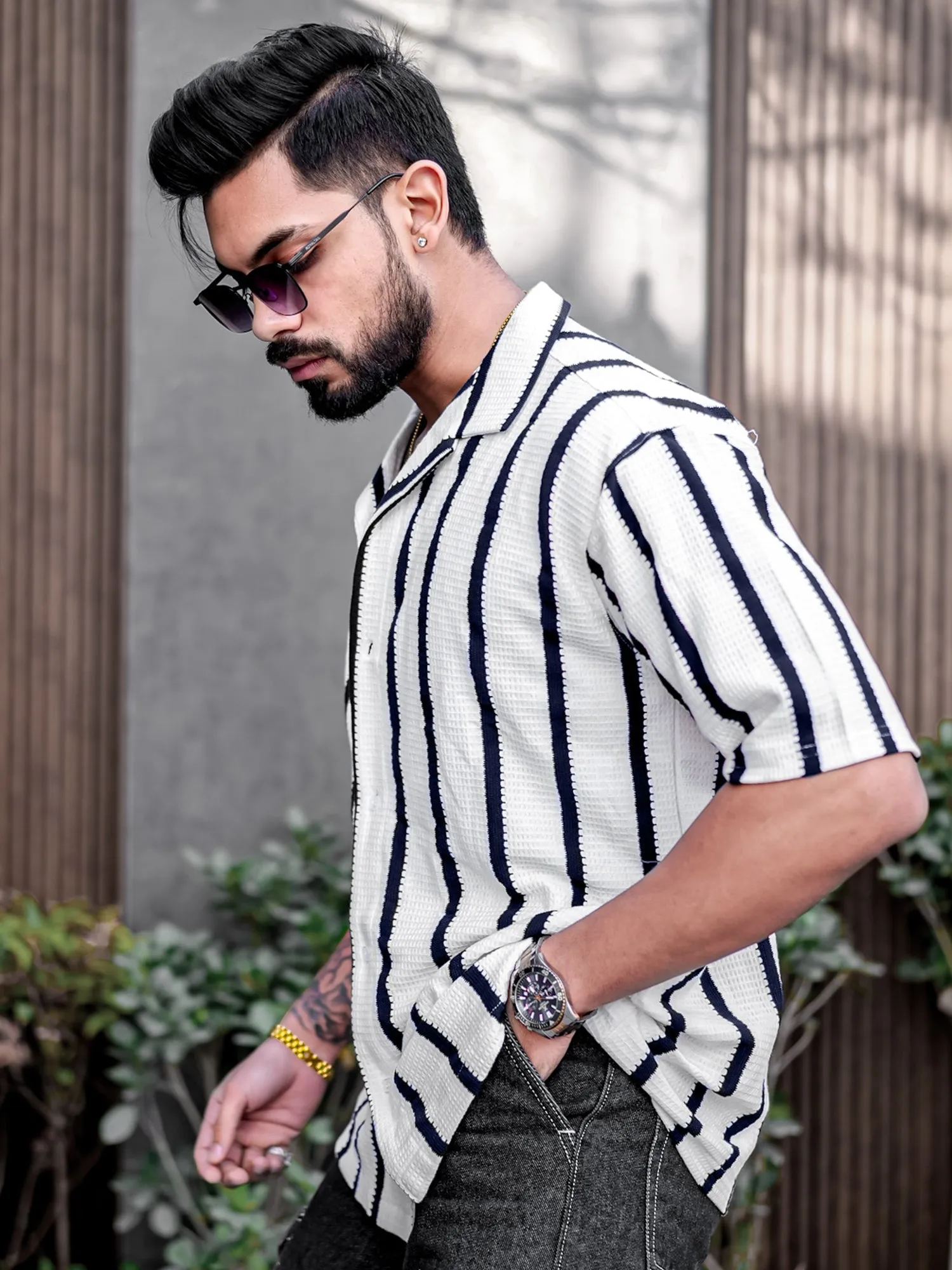 Popcorn Knit Vertical Stripe White Shirt