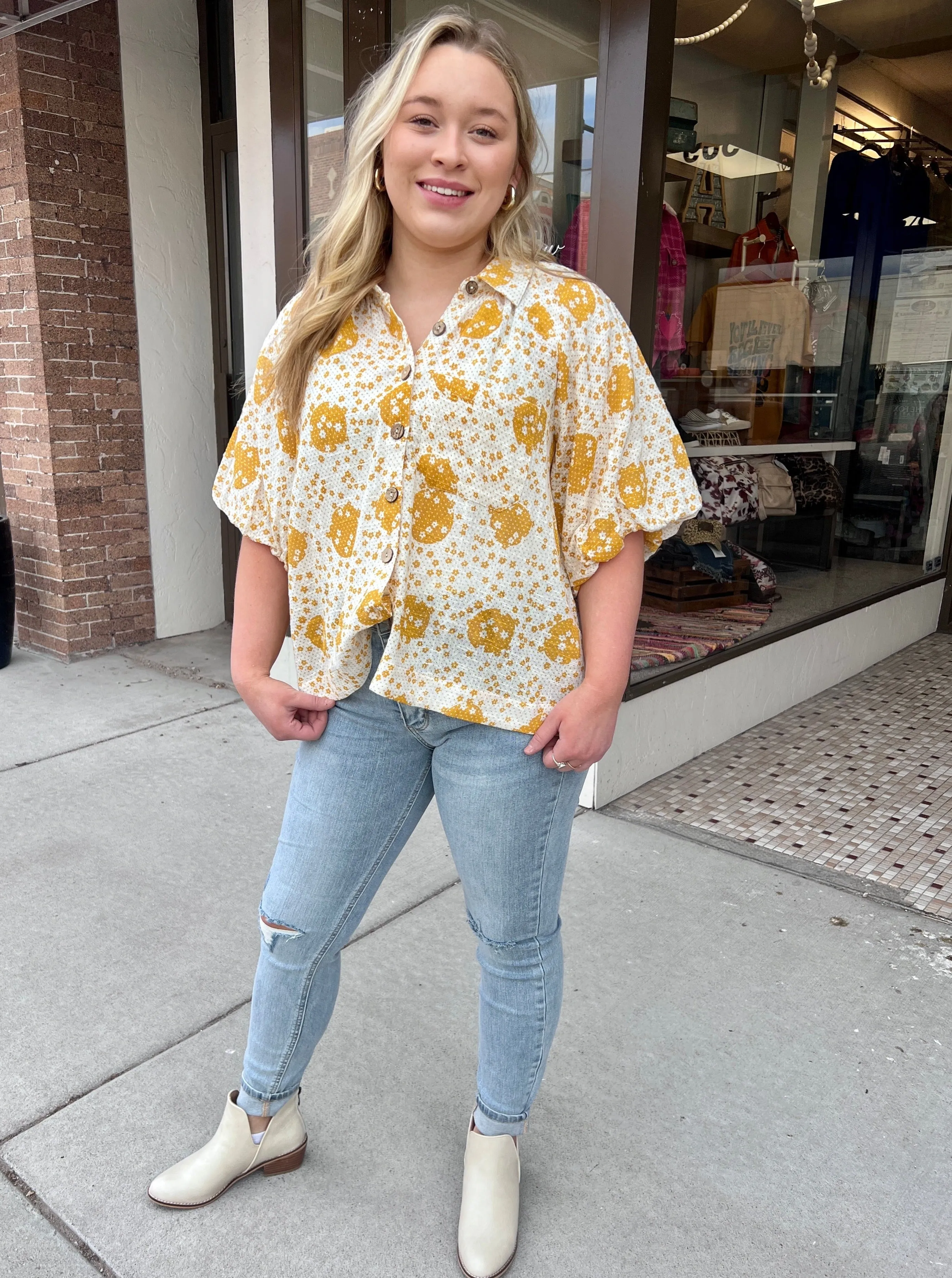 Pouf Slv Floral Print Shacket Top