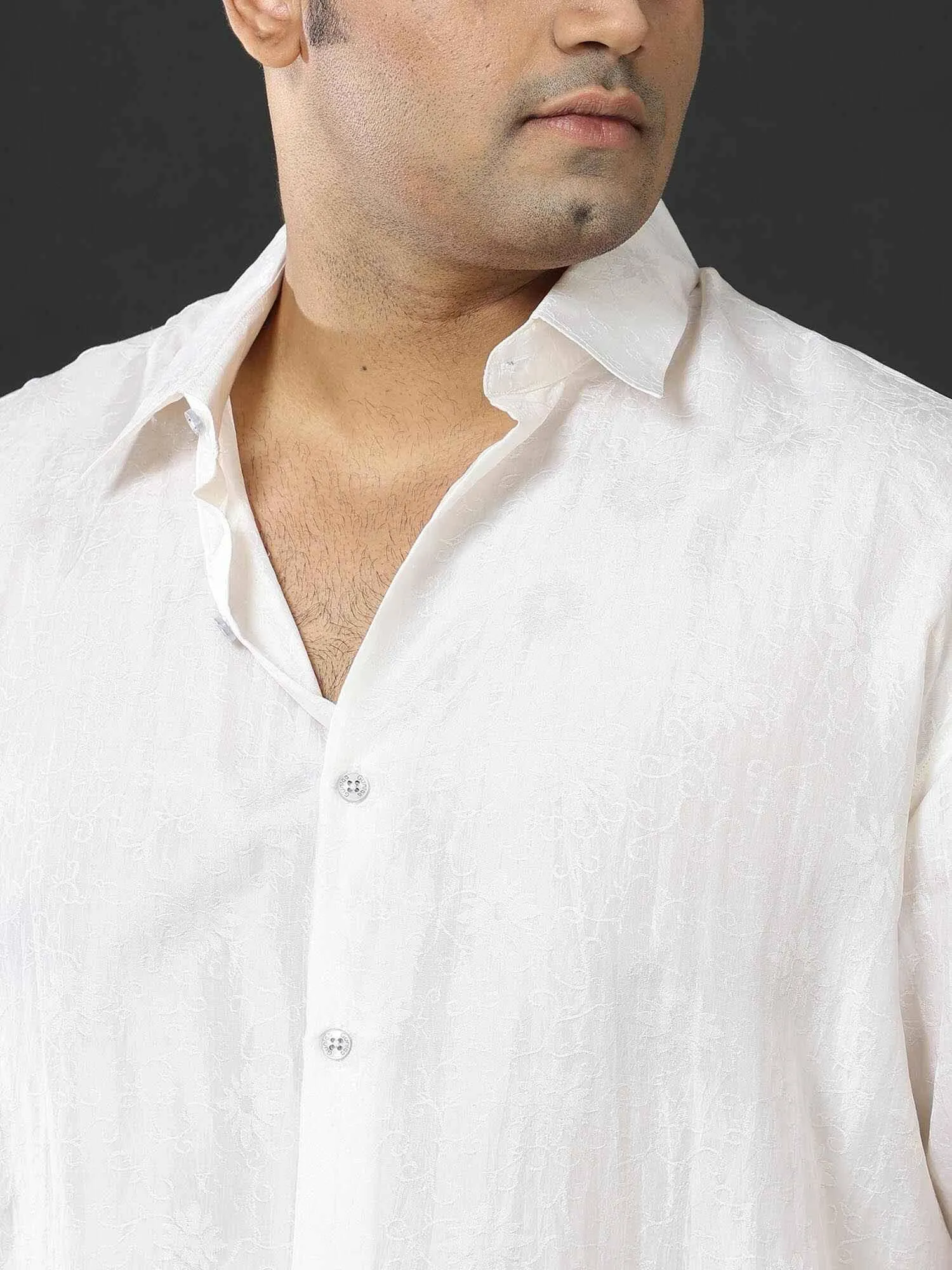 Premium Pearl White Jacquard Silk Full Shirt Men's Plus size