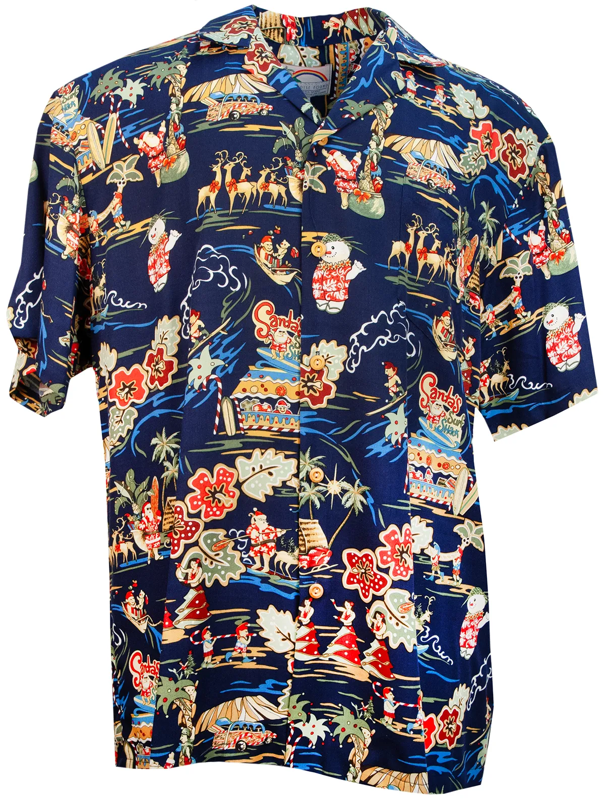 Santa's Surf Shack Mens Hawaiian Christmas Shirt in Navy