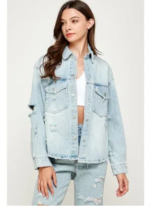 Shaina Oversized Distressed Denim Collared Shacket