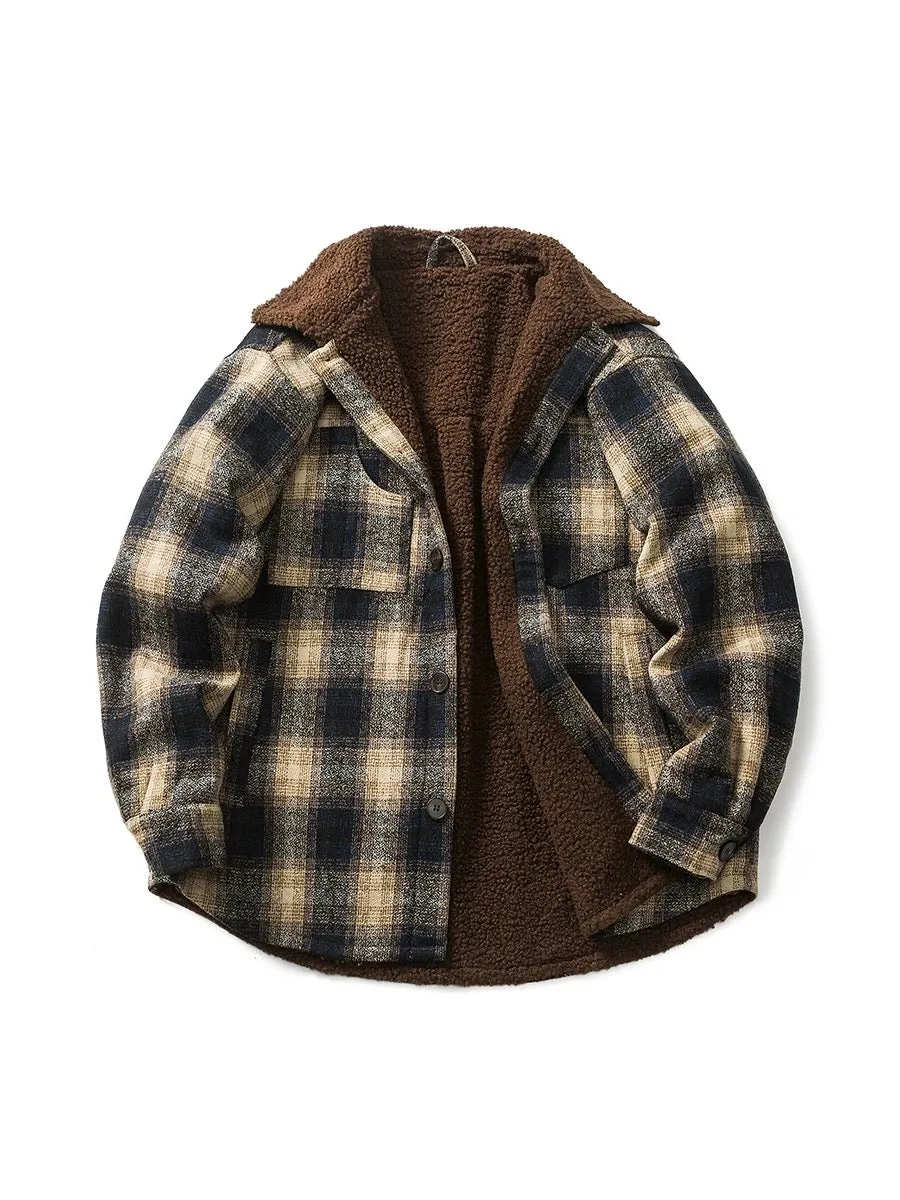 Sherpa-Lined Tweed Check Long Sleeve Shirt