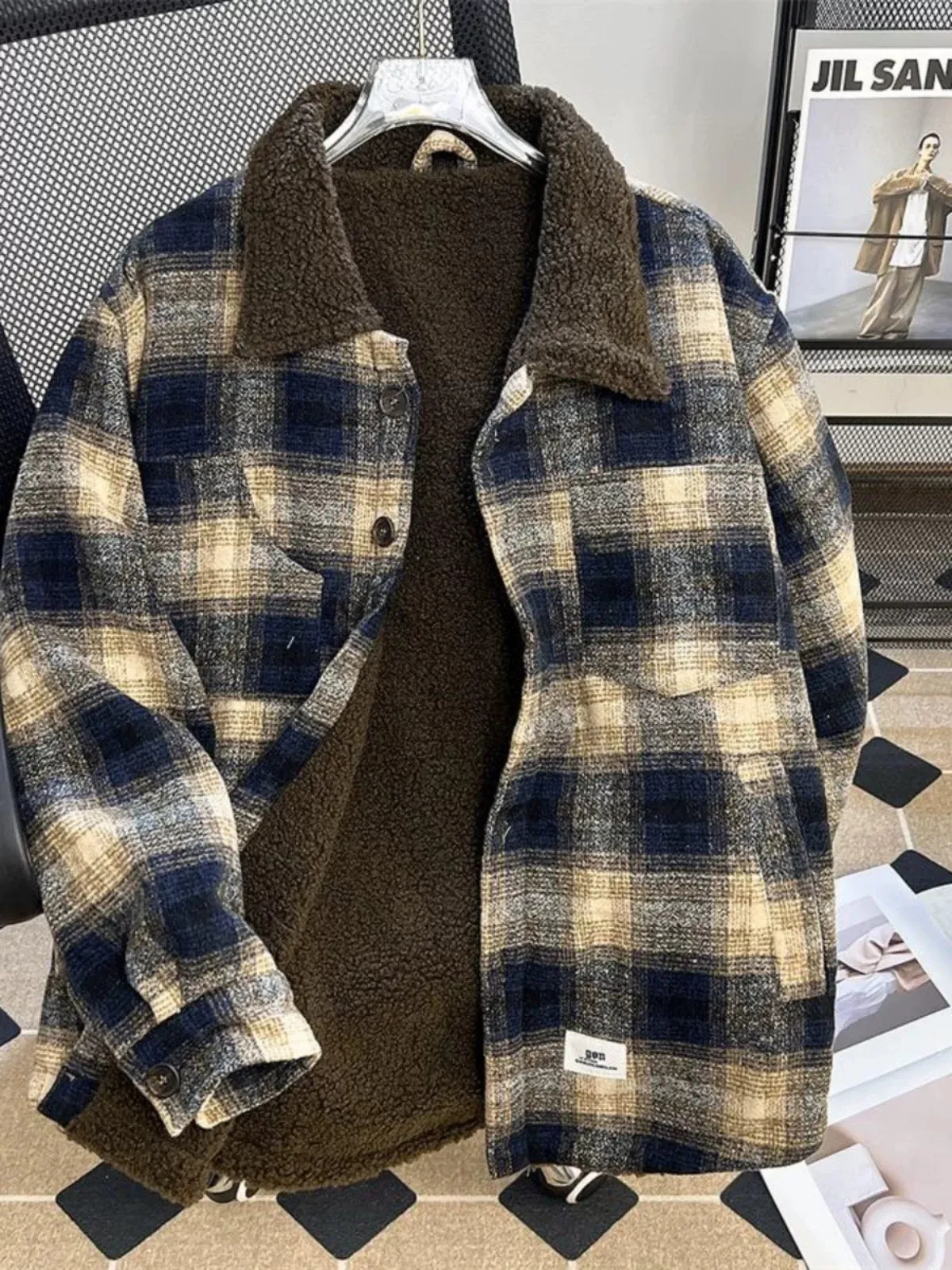 Sherpa-Lined Tweed Check Long Sleeve Shirt