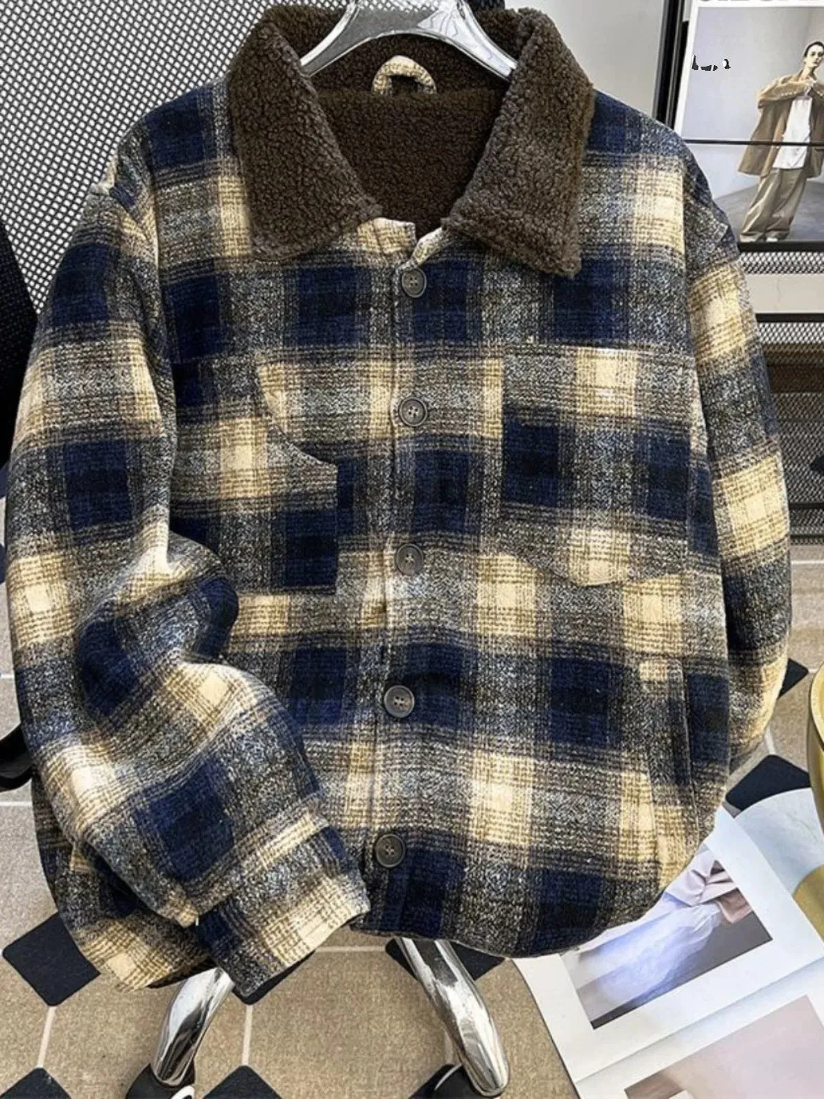 Sherpa-Lined Tweed Check Long Sleeve Shirt