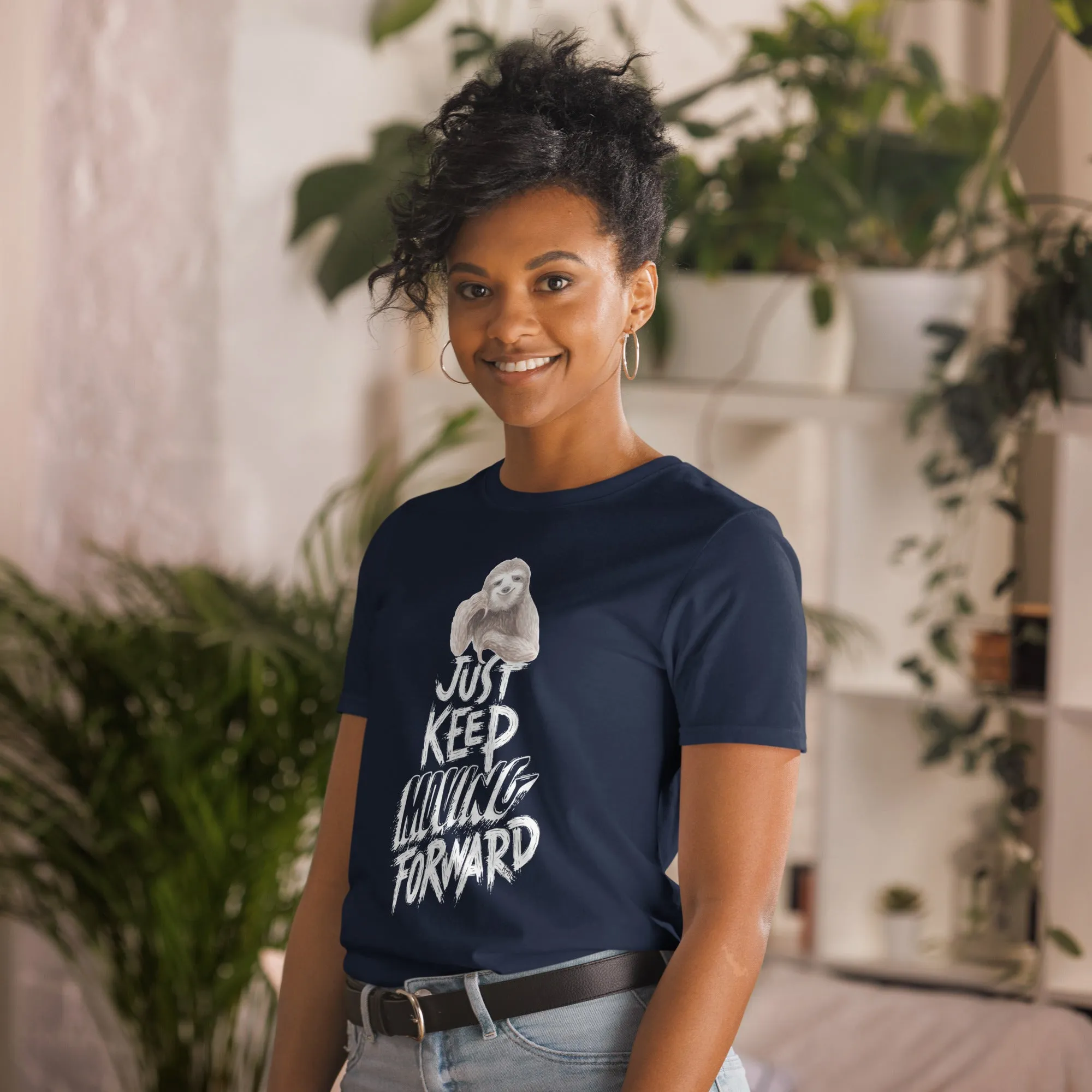 Short-Sleeve Women Soft T-Shirt Just Keep Moving Forward Sloth Design by IOBI Original Apparel