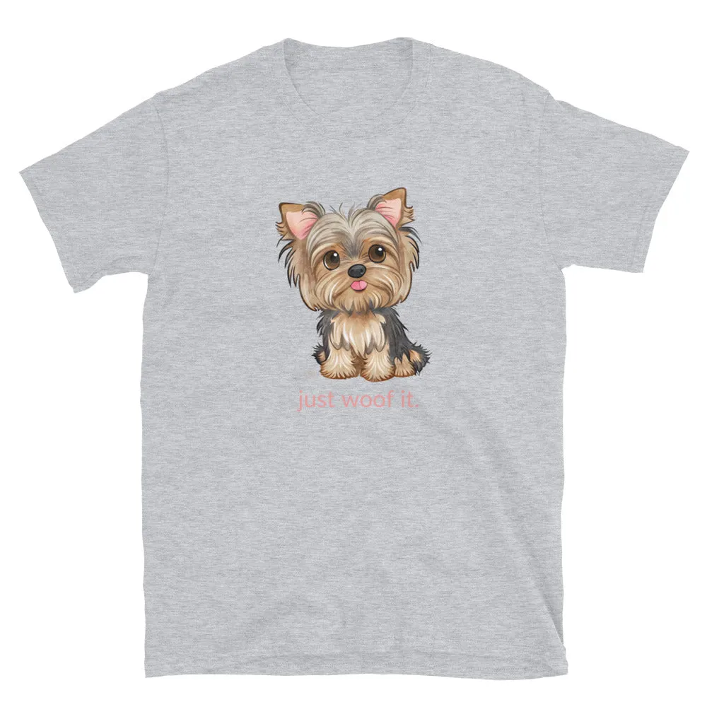 Short-Sleeve Women Soft T-Shirt Yorkie Just Woof It Design by IOBI Original Apparel