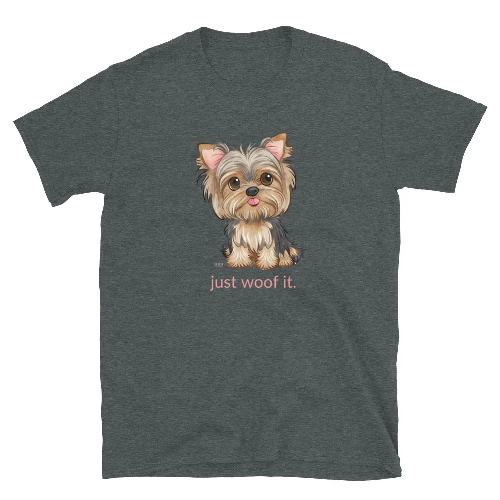 Short-Sleeve Women Soft T-Shirt Yorkie Just Woof It Design by IOBI Original Apparel