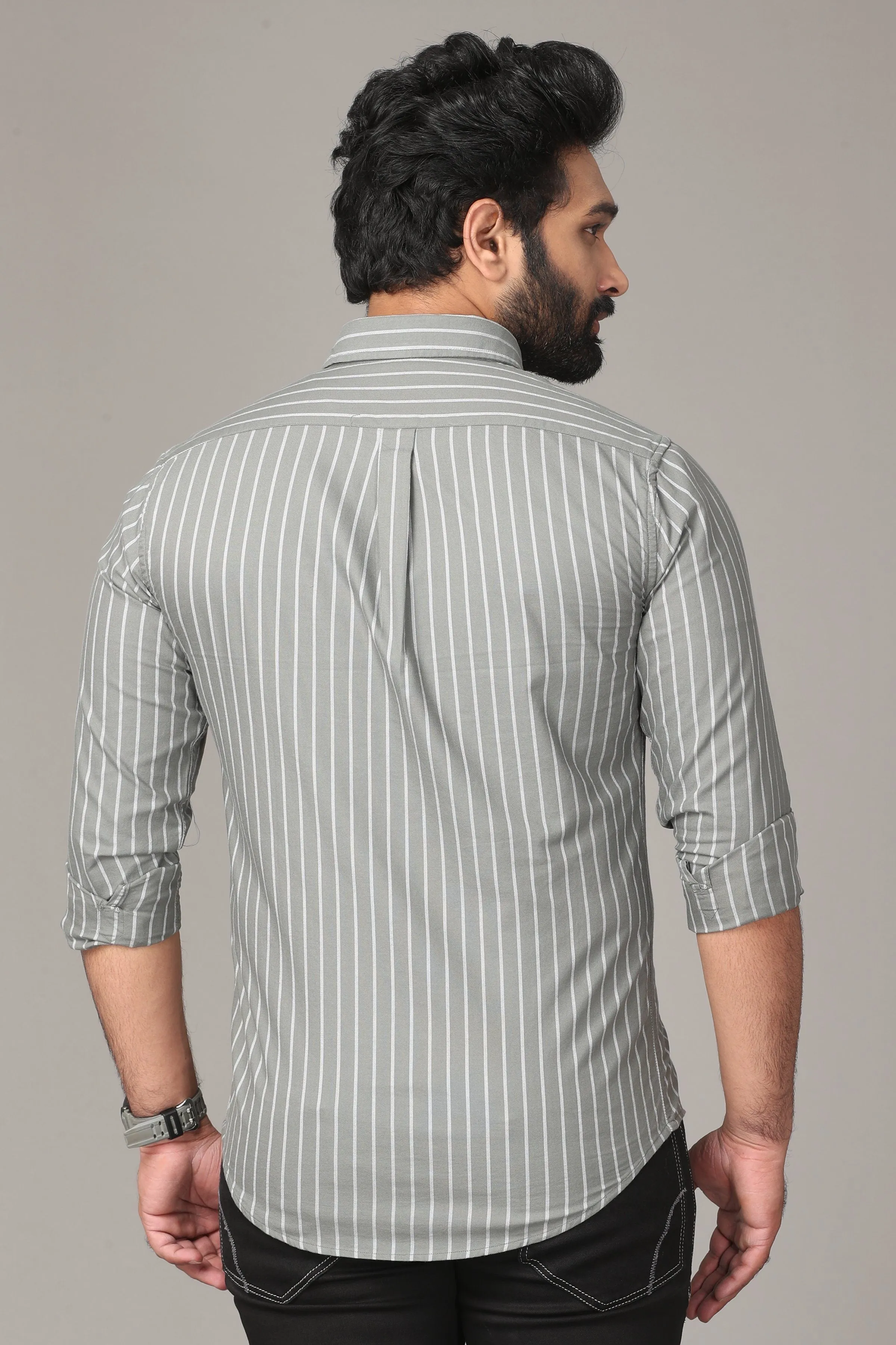 Silvery Grey Metallic Striped Full Sleeve Shirt