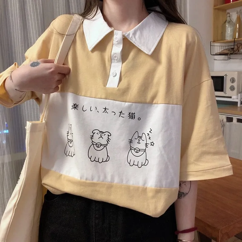 Sleepy Kitty Preppy Loose Oversize T-shirt