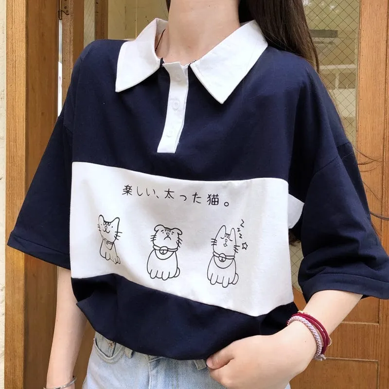 Sleepy Kitty Preppy Loose Oversize T-shirt