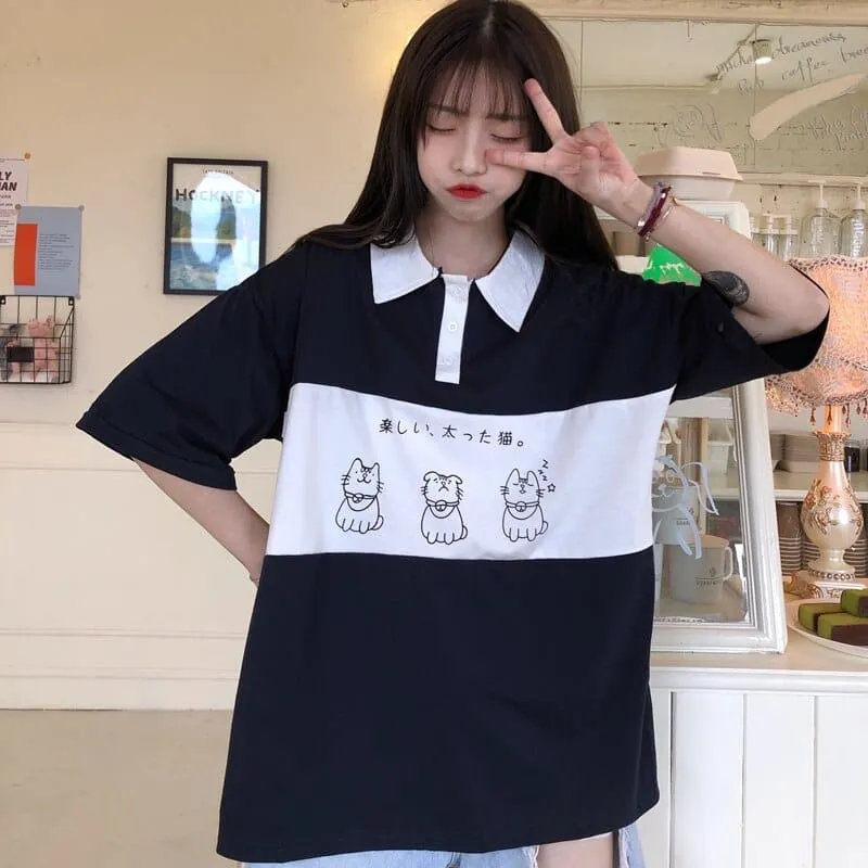 Sleepy Kitty Preppy Loose Oversize T-shirt