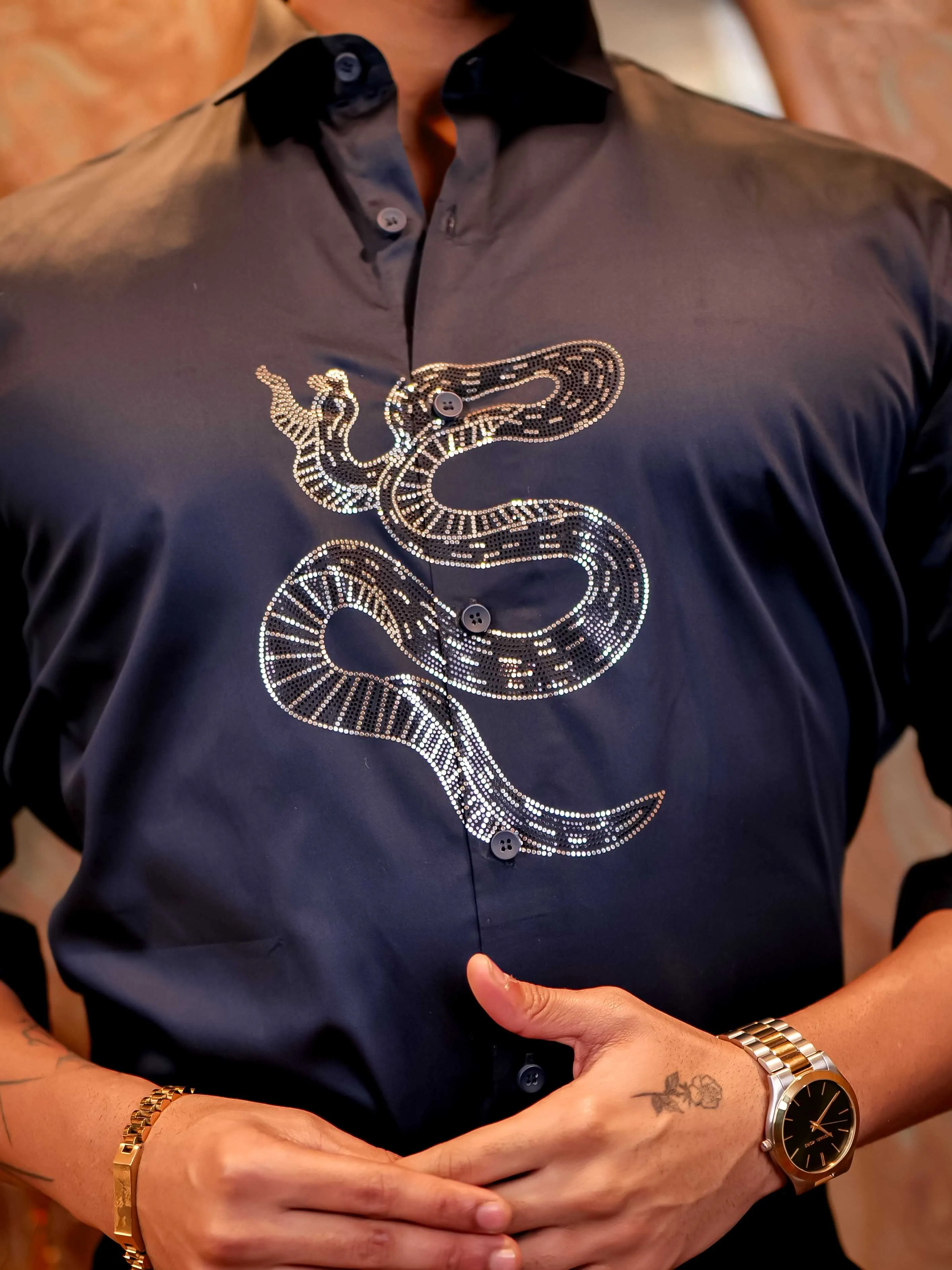 Snake Navy Sequence Club Wear Satin Cotton Party Shirt