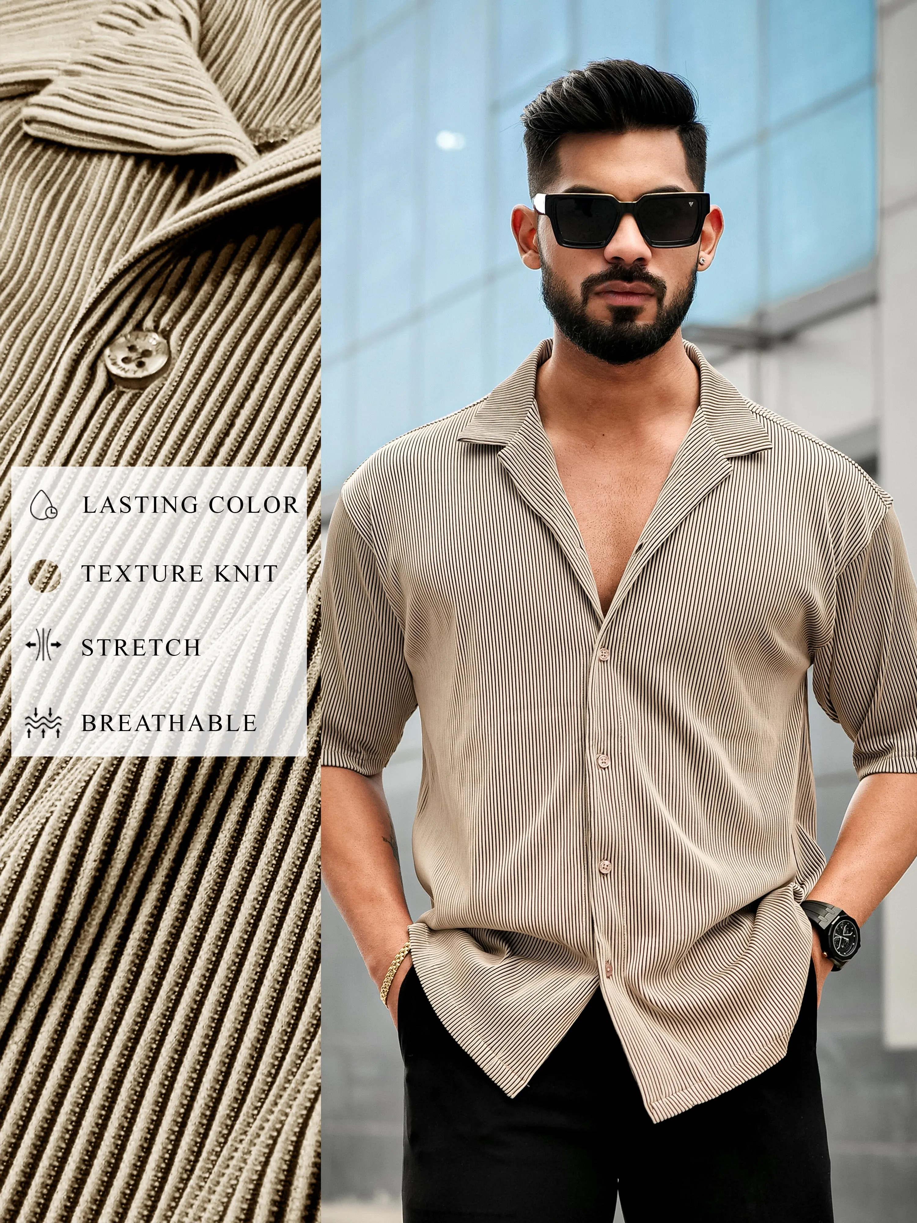 Stripe Textured Beige Half Sleeve Shirt