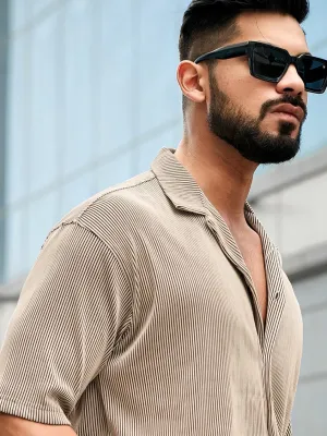 Stripe Textured Beige Half Sleeve Shirt