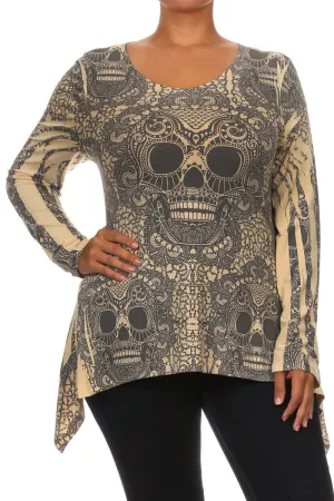 Sugar Skull Lace Design Long Sleeve Asymmetric Plus Size Top U.S.A.