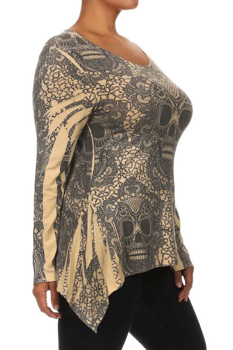 Sugar Skull Lace Design Long Sleeve Asymmetric Plus Size Top U.S.A.