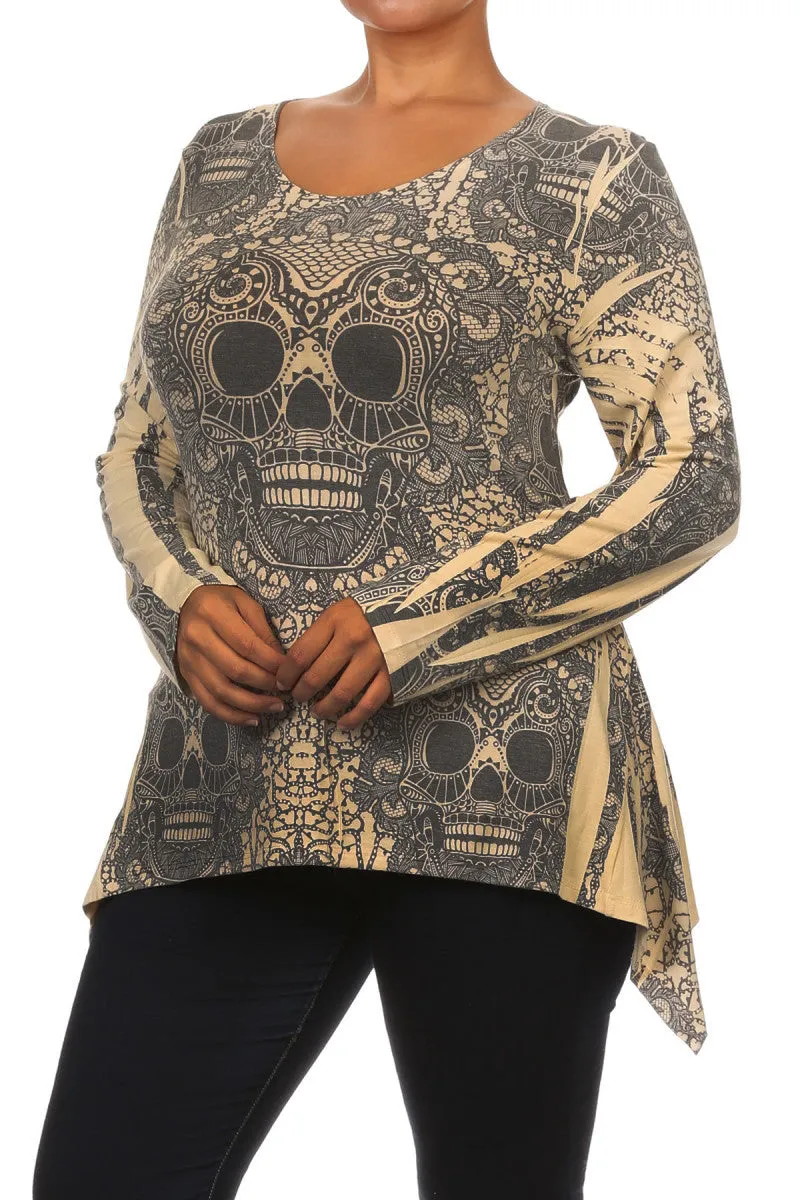 Sugar Skull Lace Design Long Sleeve Asymmetric Plus Size Top U.S.A.