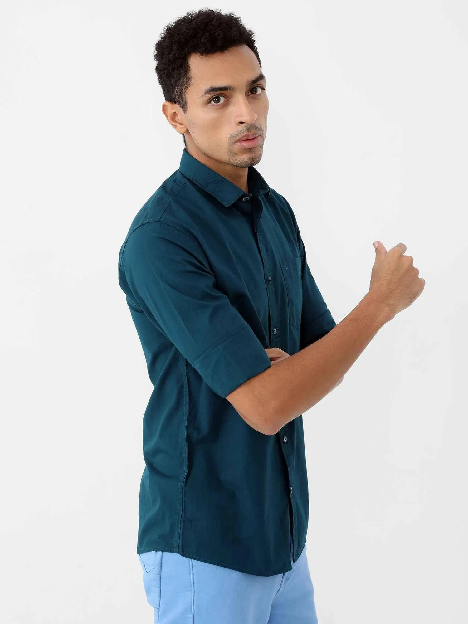 Teal Blue Solid Cotton Shirt Full Sleeve Shirt