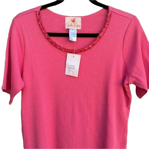 The Quacker Factory Beaded Collar Short Sleeve Hot Pink Women's Shirt Blouse Top